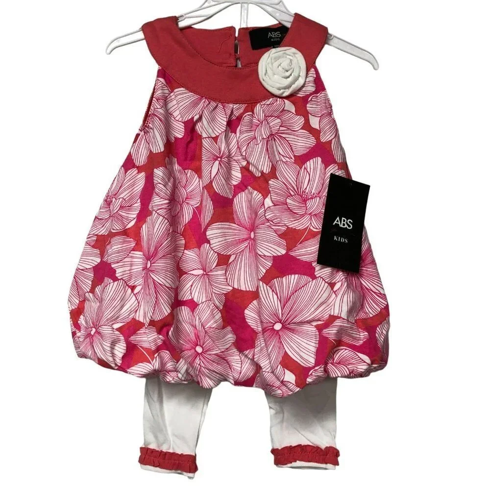 ABS KIDS BABY GIRL TWO PCS OUTFIT SET DRESS & WHITE LEGGING SIZE 12 MOS NEW WITH